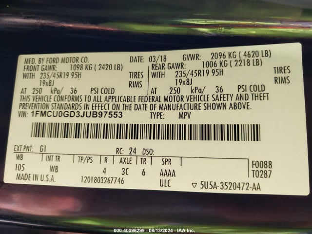 Ford ESCAPE SE 2018 1FMCU0GD3JUB97553 Image 9