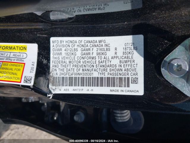 2HGFE1F99NH305301 Honda Civic Touring