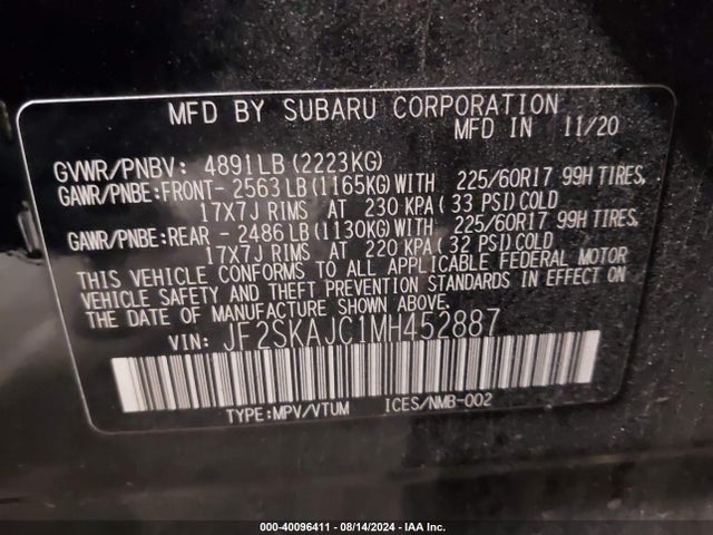 JF2SKAJC1MH452887 Subaru Forester Premium