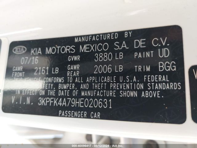 3KPFK4A79HE020631 KIA FORTE LX