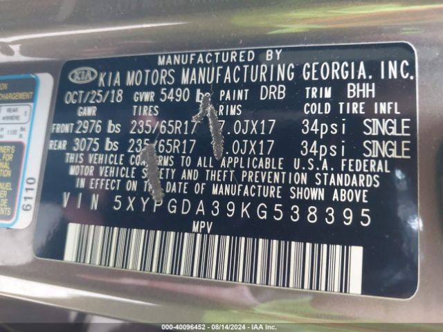 5XYPGDA39KG538395 KIA Sorento 2.4l Lx