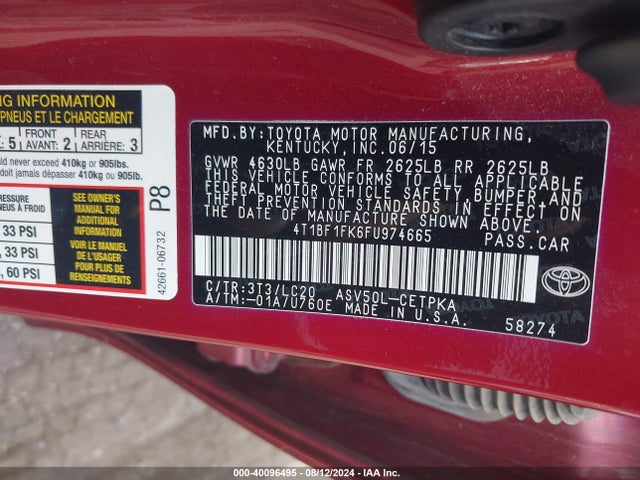 Toyota CAMRY XSE 2015 4T1BF1FK6FU974665 Image 9