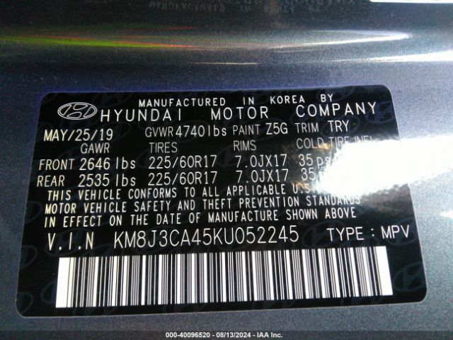 KM8J3CA45KU052245 Hyundai Tucson Value