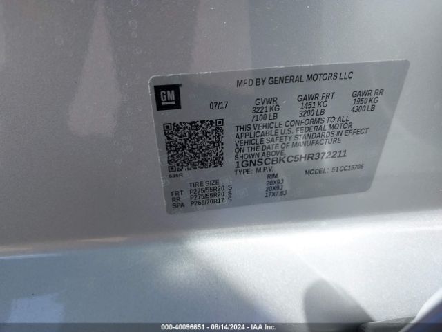 1GNSCBKC5HR372211 Chevrolet Tahoe Lt