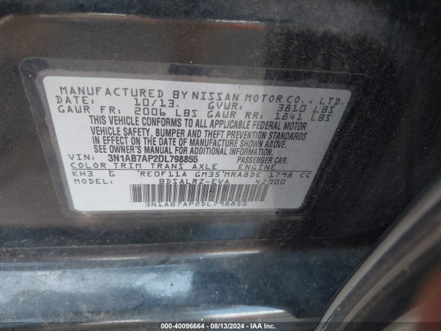 Продажа на аукционе авто 2013 Nissan Sentra Sr, vin: 3N1AB7AP2DL798855, номер лота: 40096664