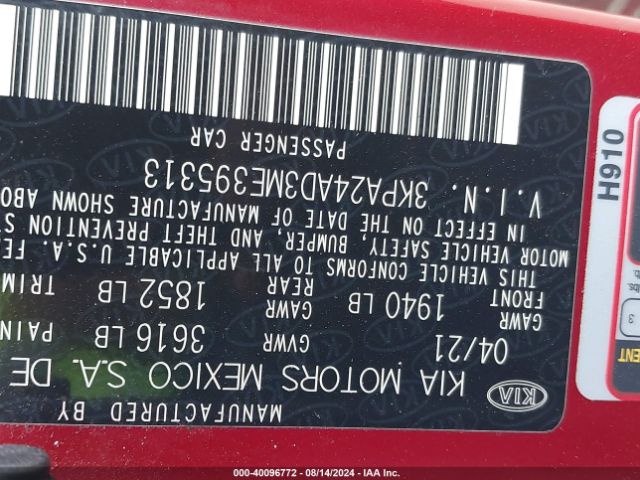 3KPA24AD3ME395313 KIA RIO S