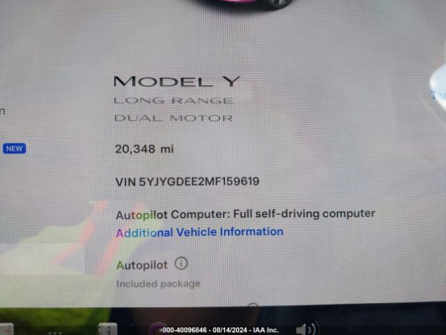 5YJYGDEE2MF159619 Tesla Model Y Long Range Dual Motor All-wheel Drive