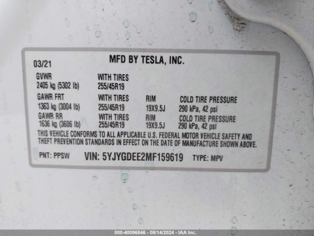 5YJYGDEE2MF159619 Tesla Model Y Long Range Dual Motor All-wheel Drive