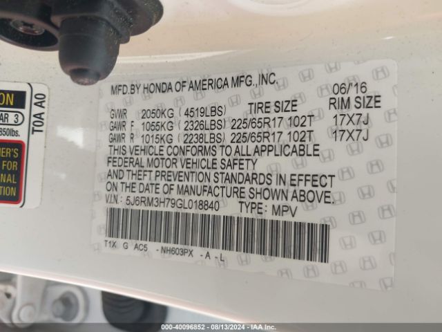 5J6RM3H79GL018840 Honda Cr-v Ex-l