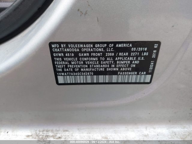 1VWAT7A34GC042870 Volkswagen Passat 1.8t S