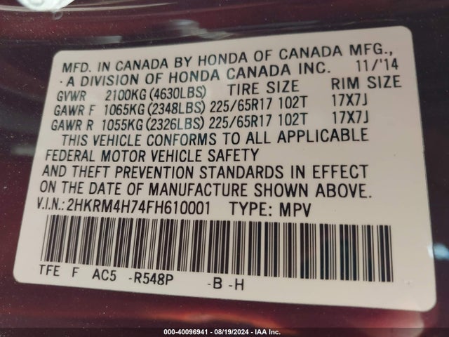 Honda Cr-v Ex-l 2015 2HKRM4H74FH610001 Image 9