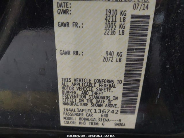 Nissan Altima 2.5 S 2015 1N4AL3AP1FC136742 Image 9