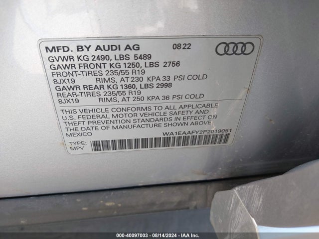 WA1EAAFY2P2019051 Audi Q5 Premium Plus 45 Tfsi S Line Quattro