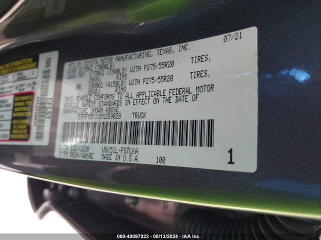 Toyota Tundra Limited 2021 5TFFY5F1XMX289028 Image 9