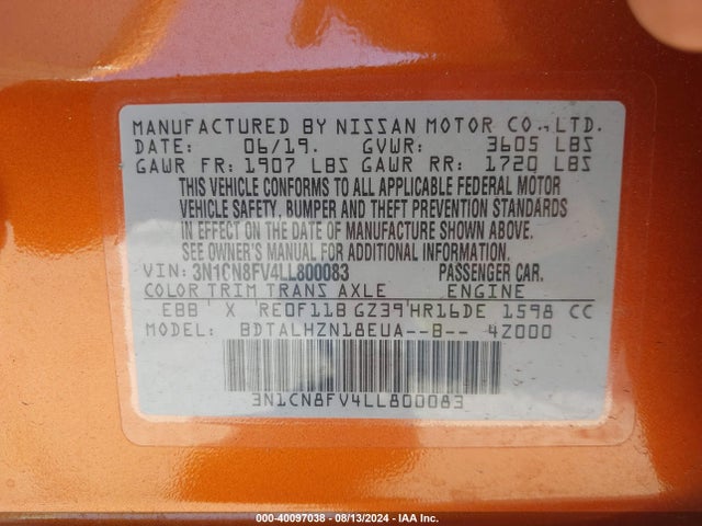 Nissan Versa Sr Xtronic Cvt 2020 3N1CN8FV4LL800083 Image 9