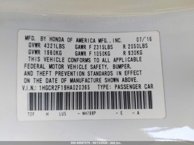 1HGCR2F19HA020365 Honda Accord Sport Se