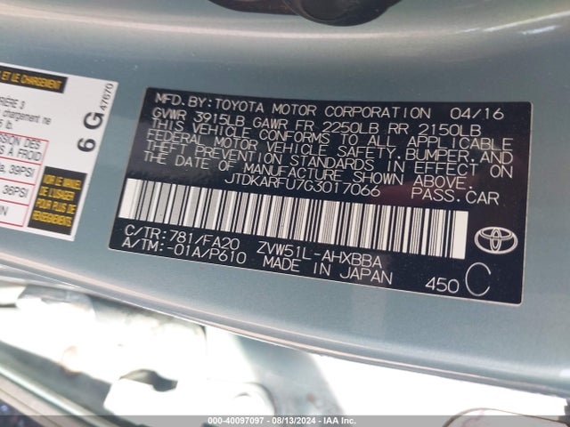 Toyota Prius Two Eco 2016 JTDKARFU7G3017066 Image 9