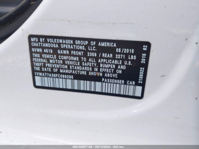 1VWAT7A35FC099285 Volkswagen Passat 1.8t S
