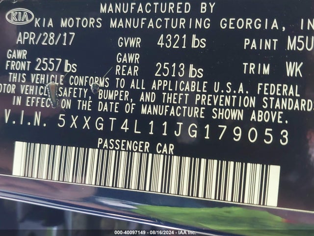 5XXGT4L11JG179053 KIA Optima