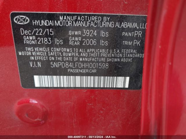 5NPD84LF0HH001598 Hyundai ELANTRA SE