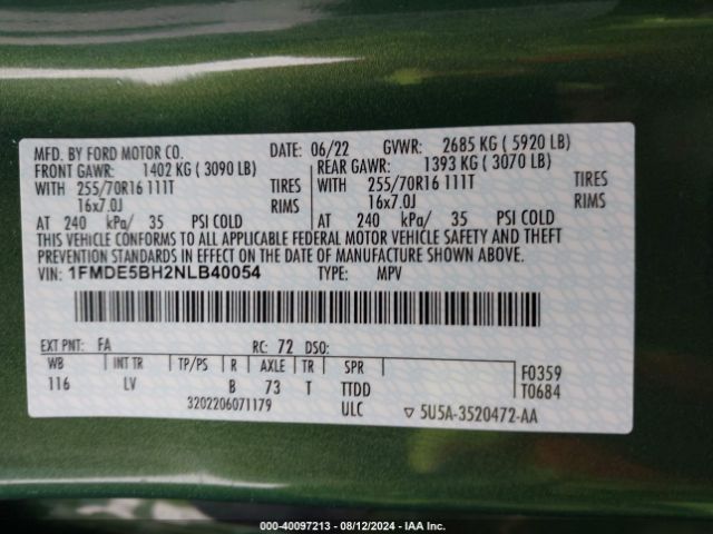 1FMDE5BH2NLB40054 Ford Bronco