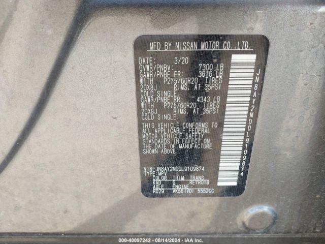 JN8AY2ND0L9109874 Nissan Armada Sl 2wd