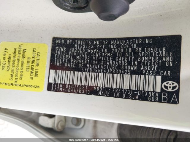 5YFBURHE4JP830425 Toyota COROLLA LE
