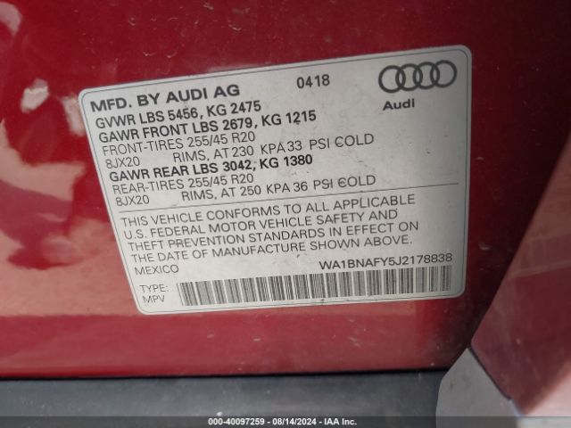 WA1BNAFY5J2178838 Audi Q5 2.0t Premium/2.0t Tech Premium