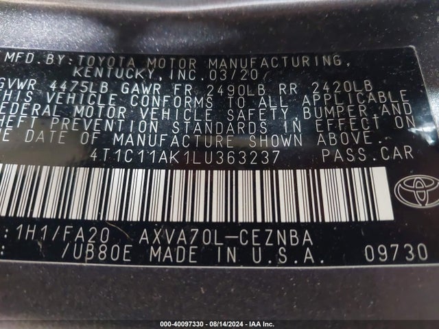 Toyota CAMRY LE 2020 4T1C11AK1LU363237 Image 9