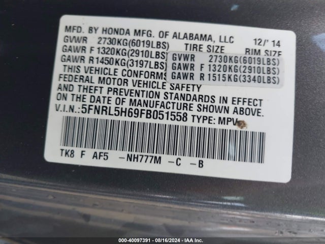Honda Odyssey Ex-l 2015 5FNRL5H69FB051558 Image 9