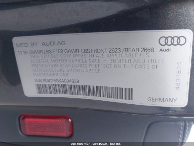 WAUB4CF58KA094639 Audi S5 3.0t Premium