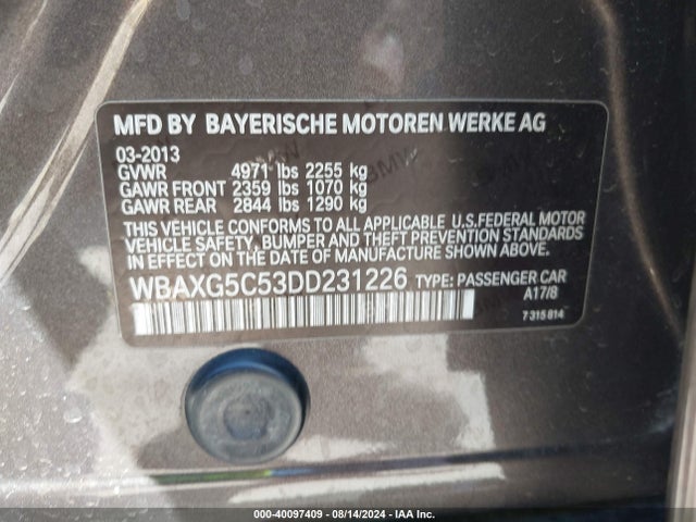 Продажа на аукционе авто 2013 Bmw 528i, vin: WBAXG5C53DD231226, номер лота: 40097409