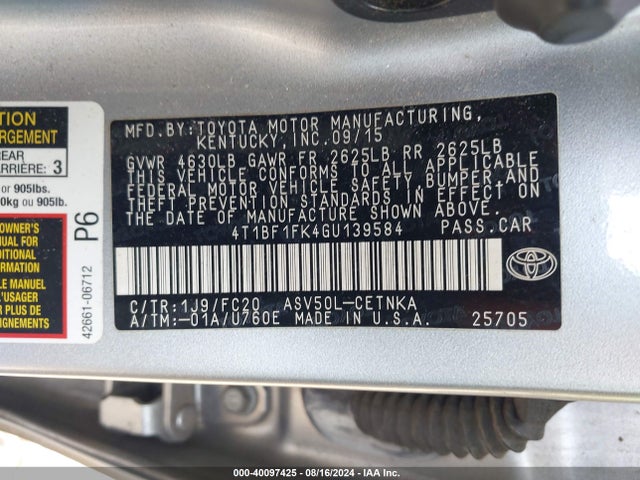 Toyota CAMRY LE 2016 4T1BF1FK4GU139584 Image 9