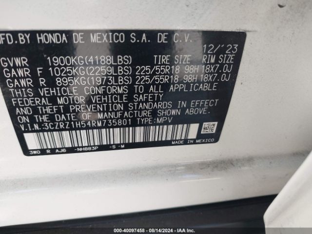 3CZRZ1H54RM735801 Honda Hr-v 2wd Sport/2wd Sport W/o Bsi