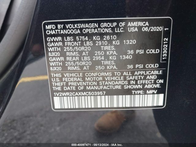 1V2WR2CAXMC503957 Volkswagen Atlas 3.6l V6 Se W/technology