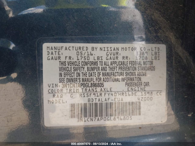 Nissan Versa 1.6 S 2016 3N1CN7AP0GL896805 Image 9