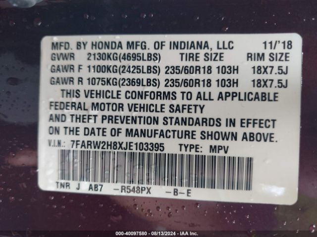 7FARW2H8XJE103395 Honda Cr-v Ex-l/ex-l Navi