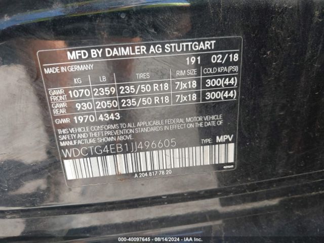 WDCTG4EB1JJ496605 Mercedes-Benz GLA 250