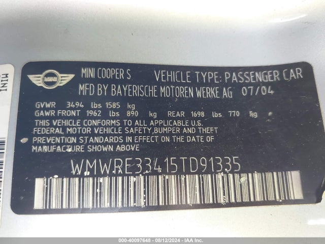 2005 MINI COOPER S WMWRE33415TD91335 Photo 8