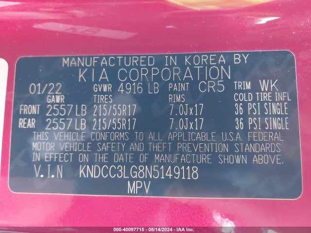 KNDCC3LG8N5149118 KIA Niro Ev Ex