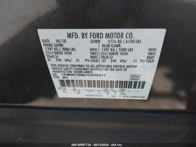 Ford EXPLORER XLT 2018 1FM5K7D86JGB56511 Image 9