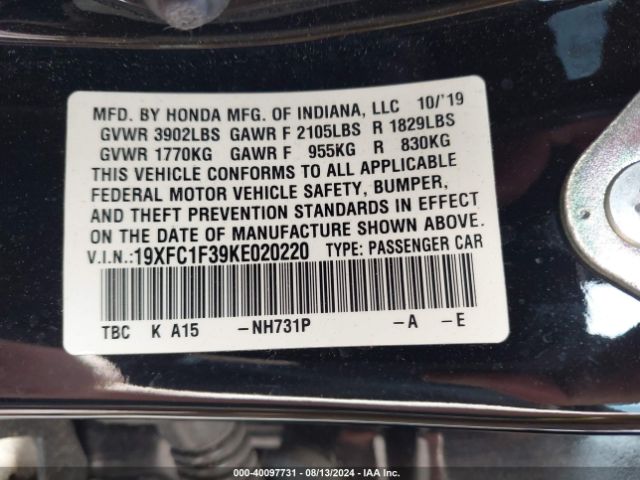 19XFC1F39KE020220 Honda CIVIC EX