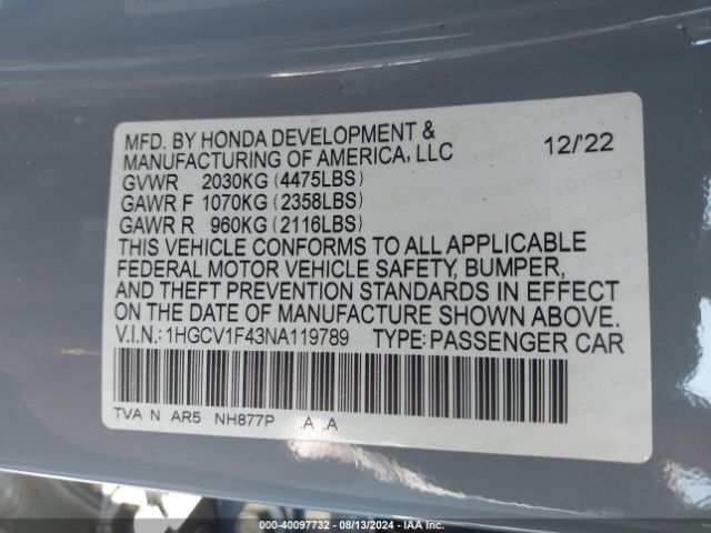 1HGCV1F43NA119789 Honda Accord Sport Special Edition