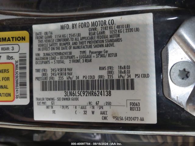 3LN6L5C92HR624138 Lincoln MKZ SELECT