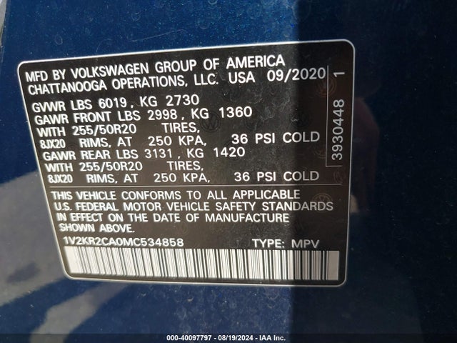 1V2KR2CA0MC534858 Volkswagen Atlas 3.6l V6 Se W/technology