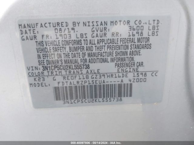 3N1CP5CU2KL555738 Nissan KICKS S