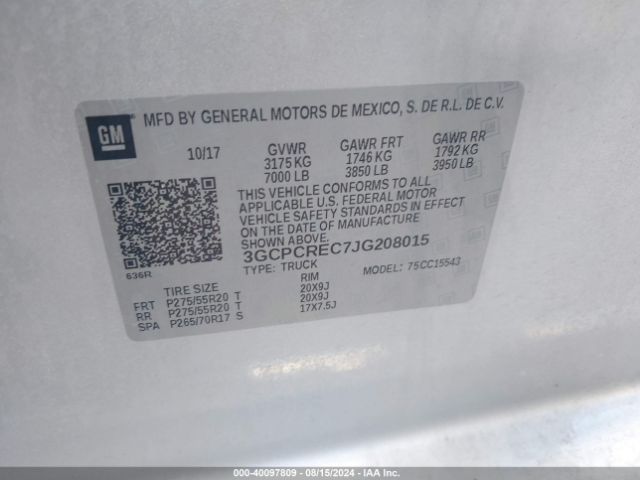 3GCPCREC7JG208015 Chevrolet Silverado 1500 Lt