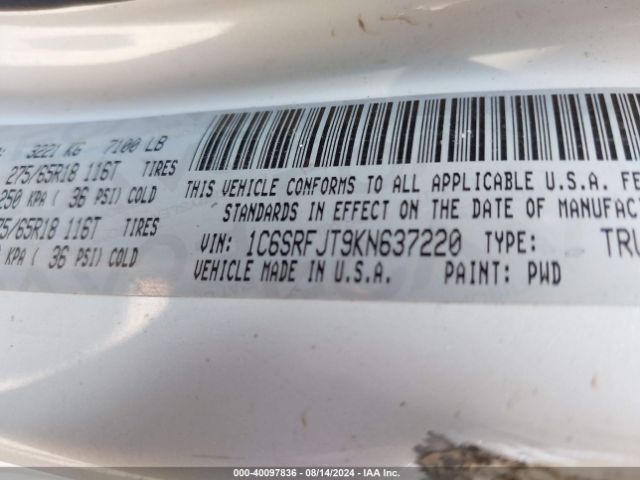 1C6SRFJT9KN637220 RAM 1500 Laramie  4x4 5'7 Box
