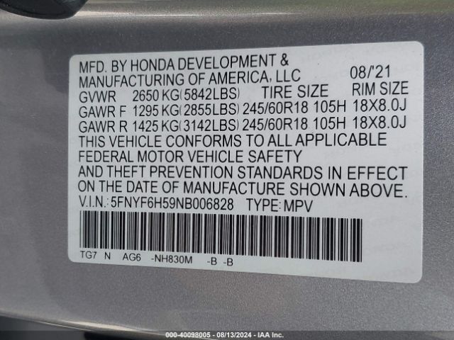 5FNYF6H59NB006828 Honda Pilot Awd Ex-l
