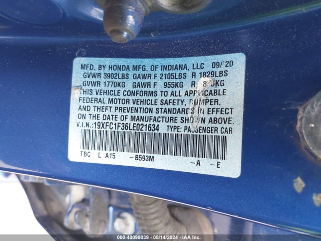 Honda CIVIC EX 2020 19XFC1F36LE021634 Image 9